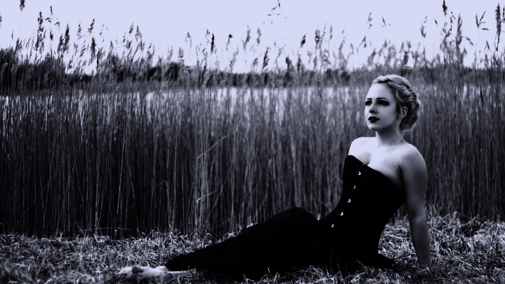 Девушка на траве в черном корсете обои