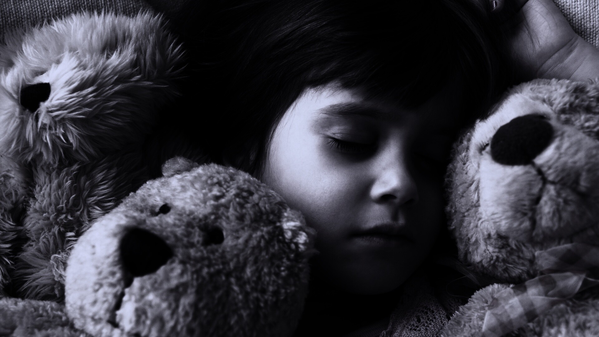 Девочка спит с мишками в обнимку обои