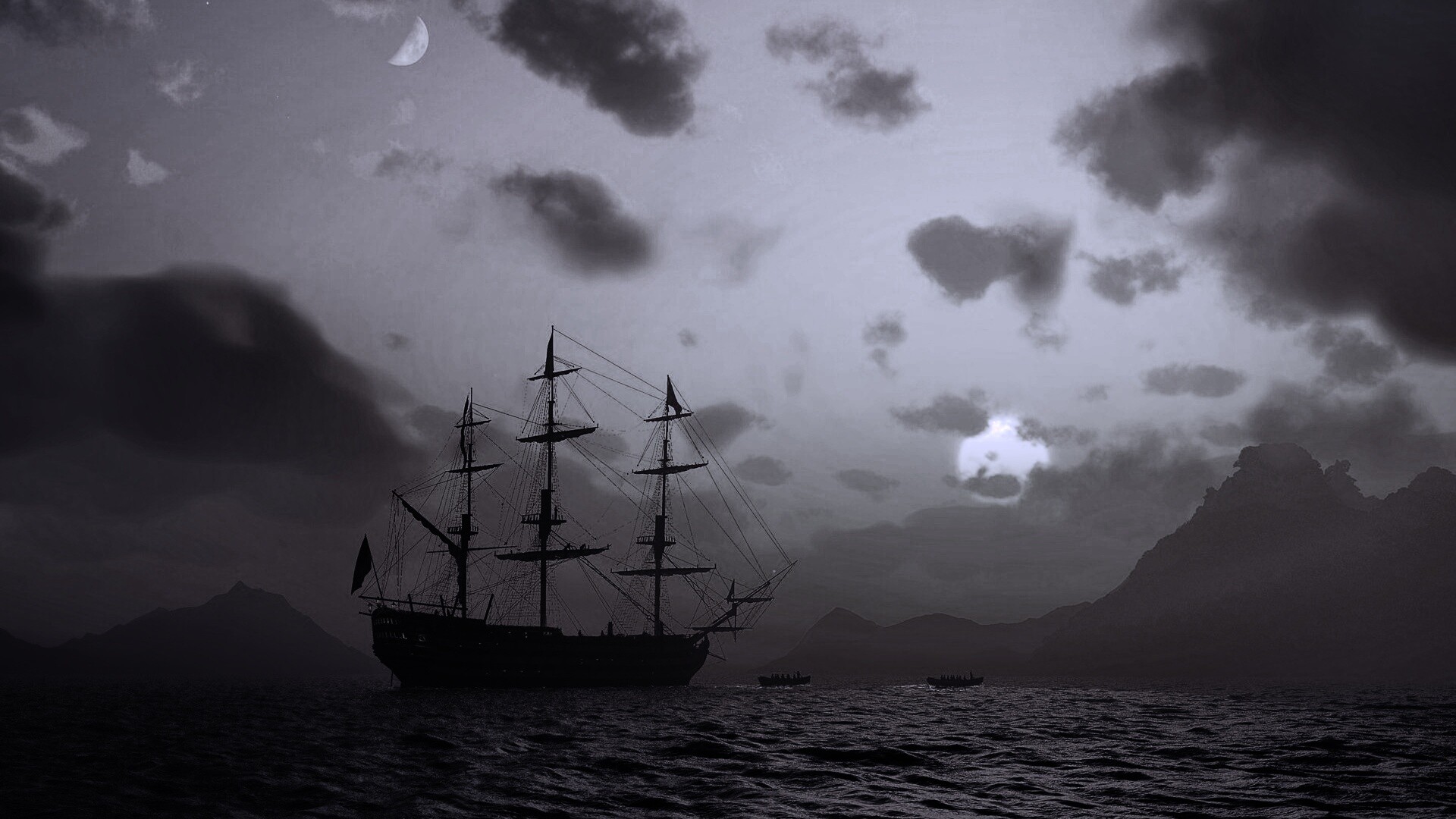 Трехпалубный парусный корабль на закате обои