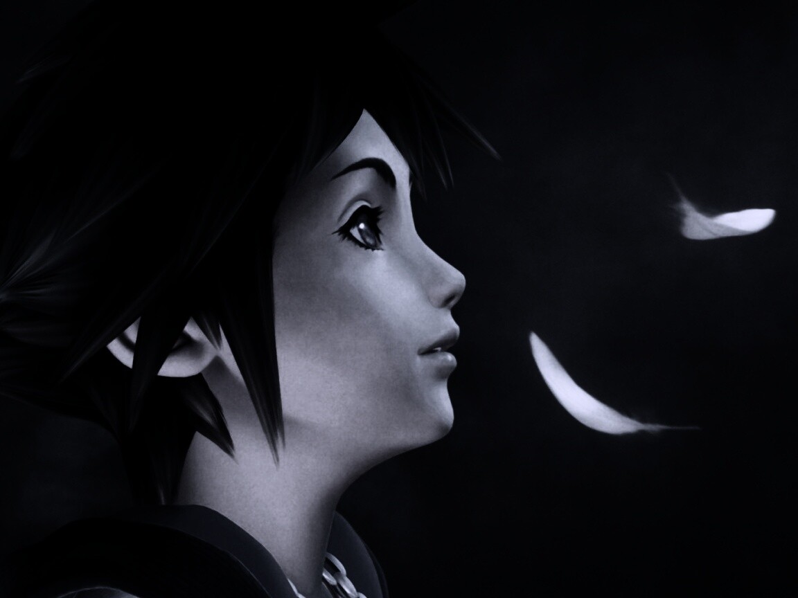 Анимешный парень и белые перья обои