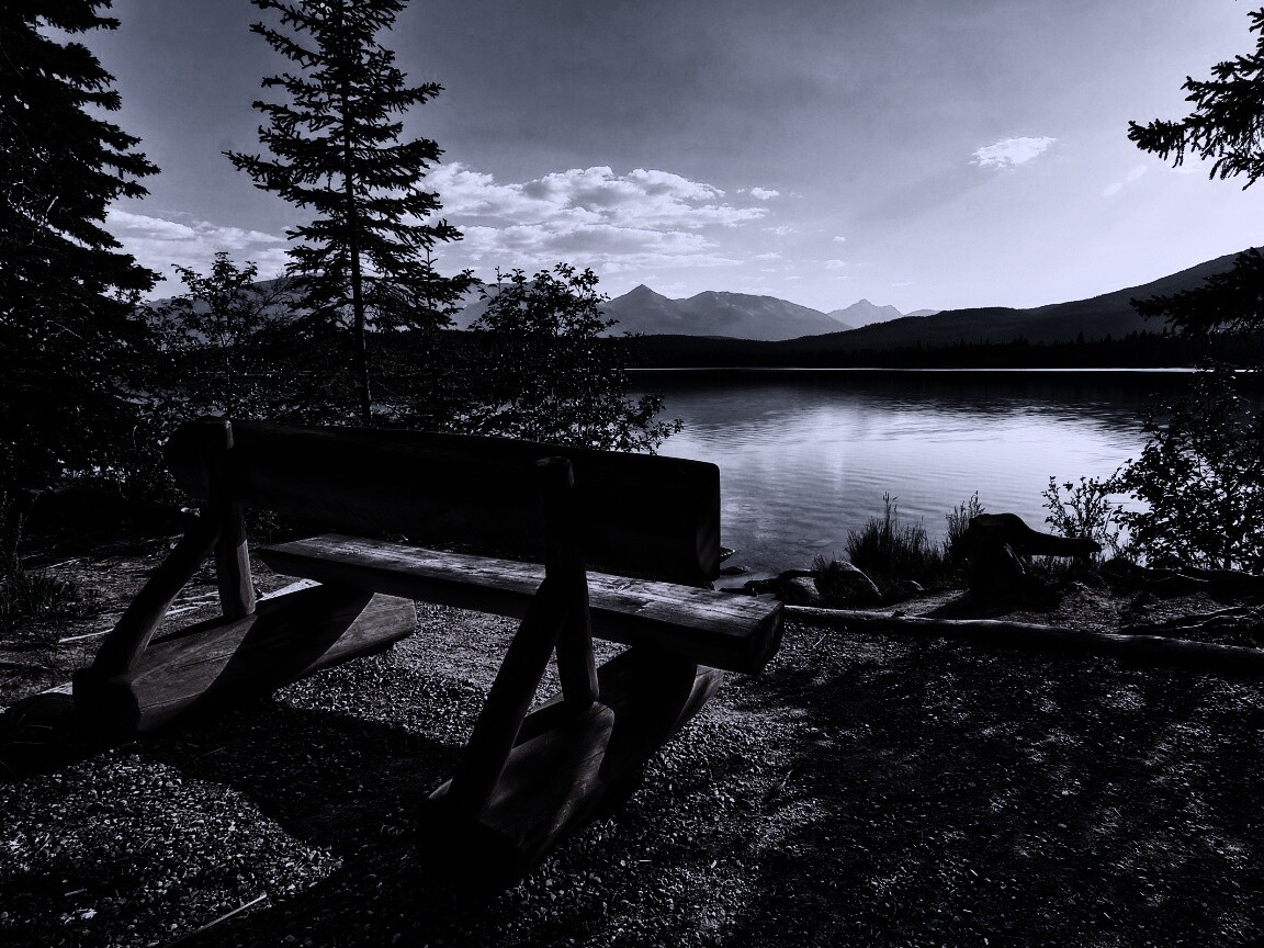 Деревянная скамья на берегу озера обои