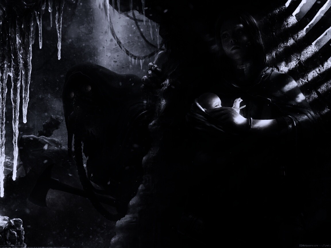 Девушка с ребенком прячется от монстра обои