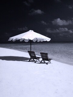 Песчаный пляж с двумя жезлонгами обои