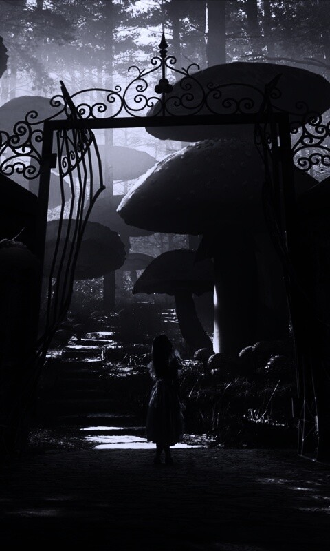 Алиса в стране чудес среди живых цветов обои