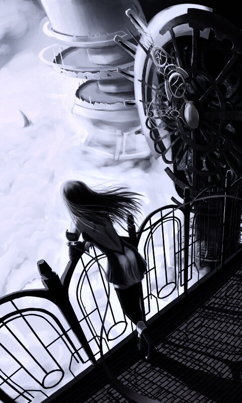 Девушка в городе над облаками обои