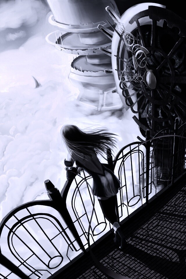 Девушка в городе над облаками обои