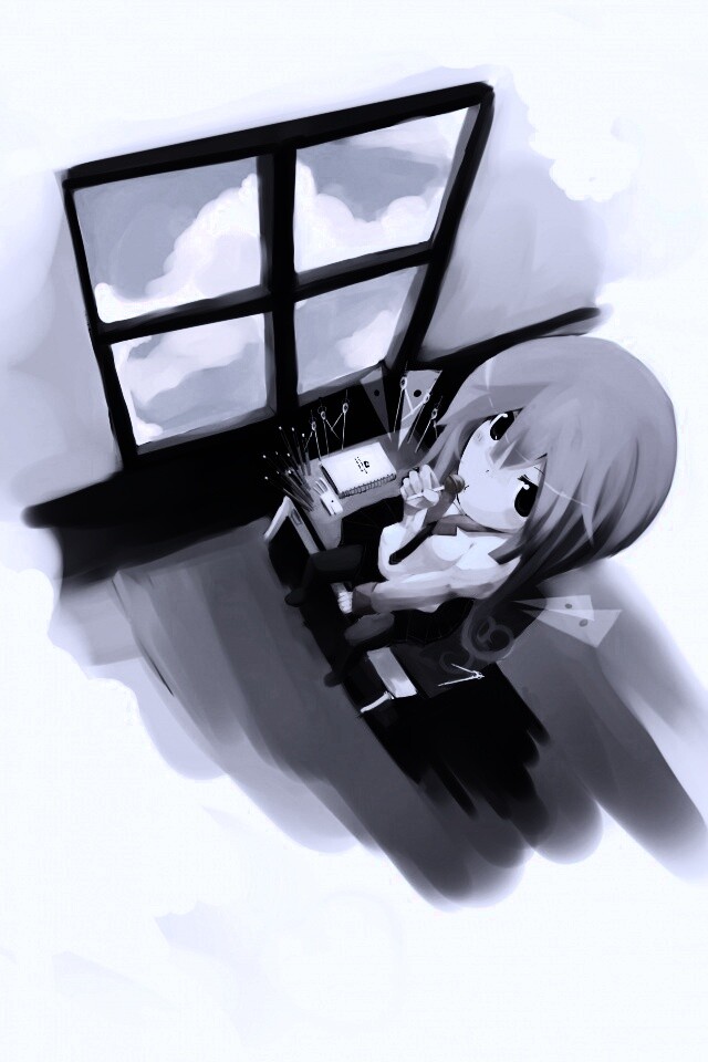 Школница с конфетой у окна обои