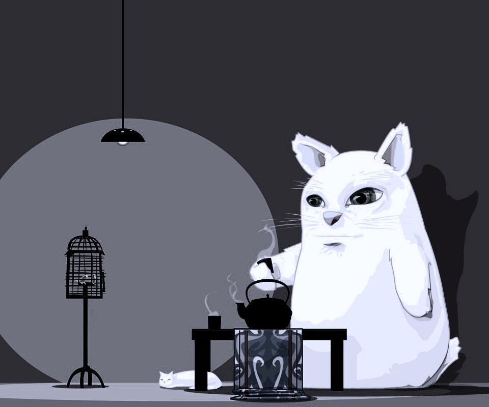 Кот пьет чай обои