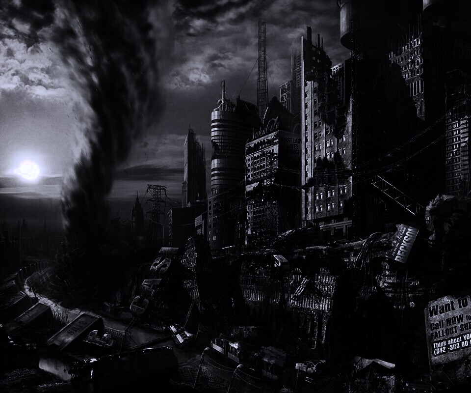 Торнадо в разрушенном городе обои