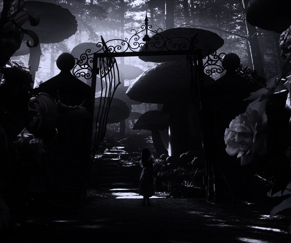 Алиса в стране чудес среди живых цветов обои