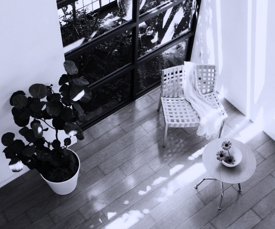 Стул, столик и цветы в комнате обои