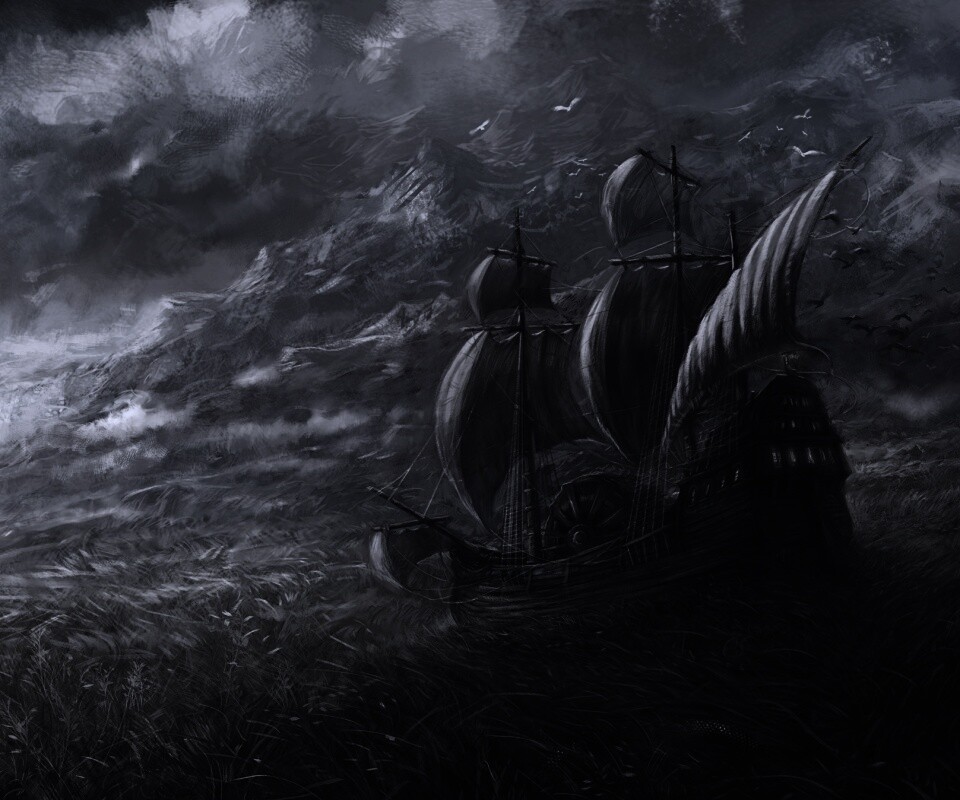 Корабль в море травы обои