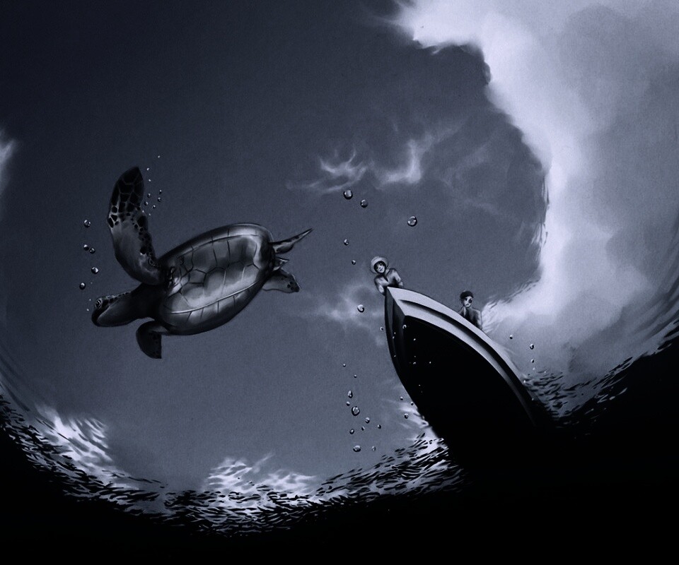 Катер и водная черепаха обои