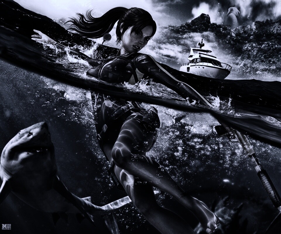 Лара Крофт против акул обои