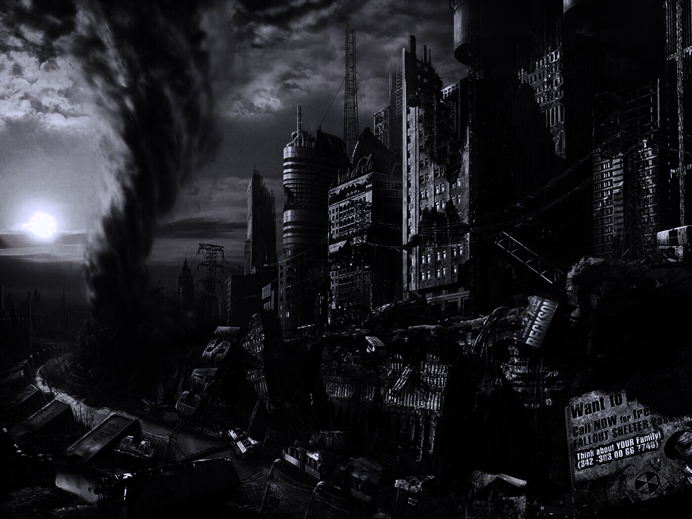 Торнадо в разрушенном городе обои
