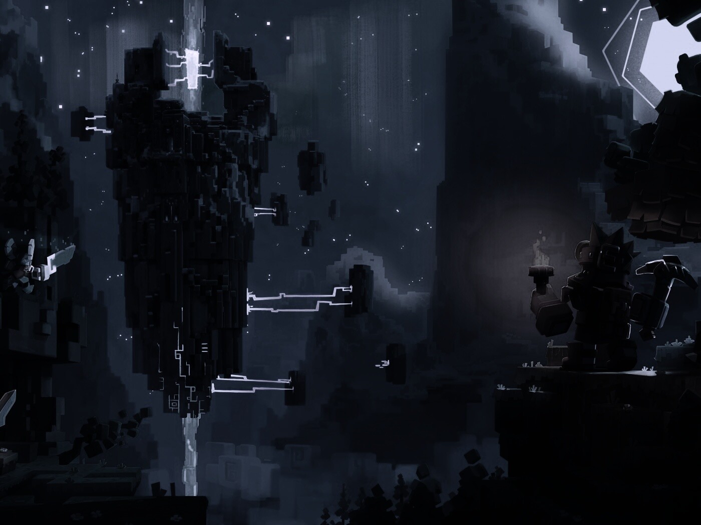 Парень с киркой и факелом смотрит в даль обои