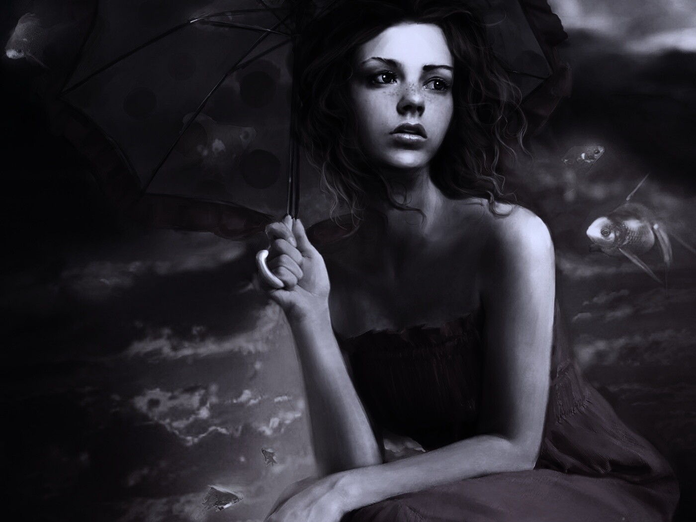 Девушка с зонтиком обои