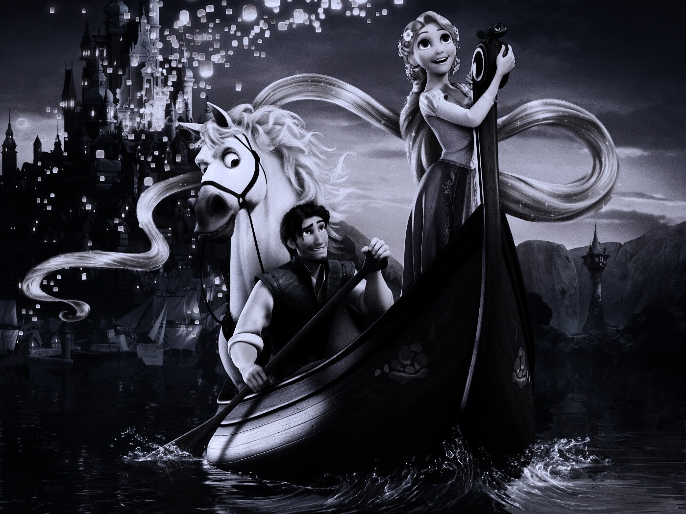 Рапунцель и Флин на лодке обои