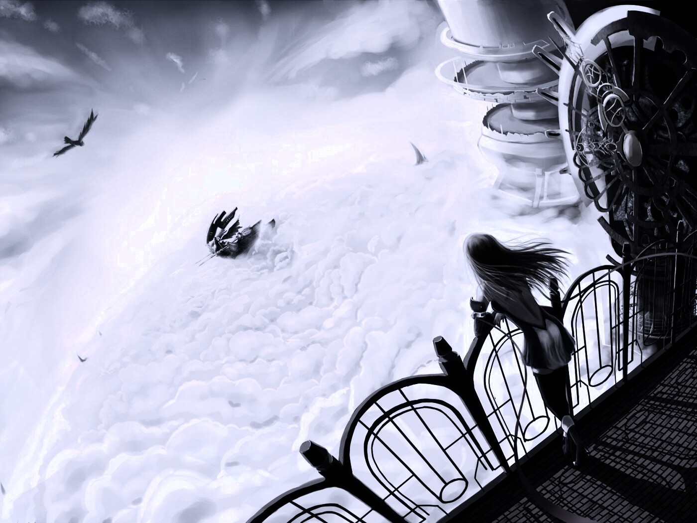 Девушка в городе над облаками обои