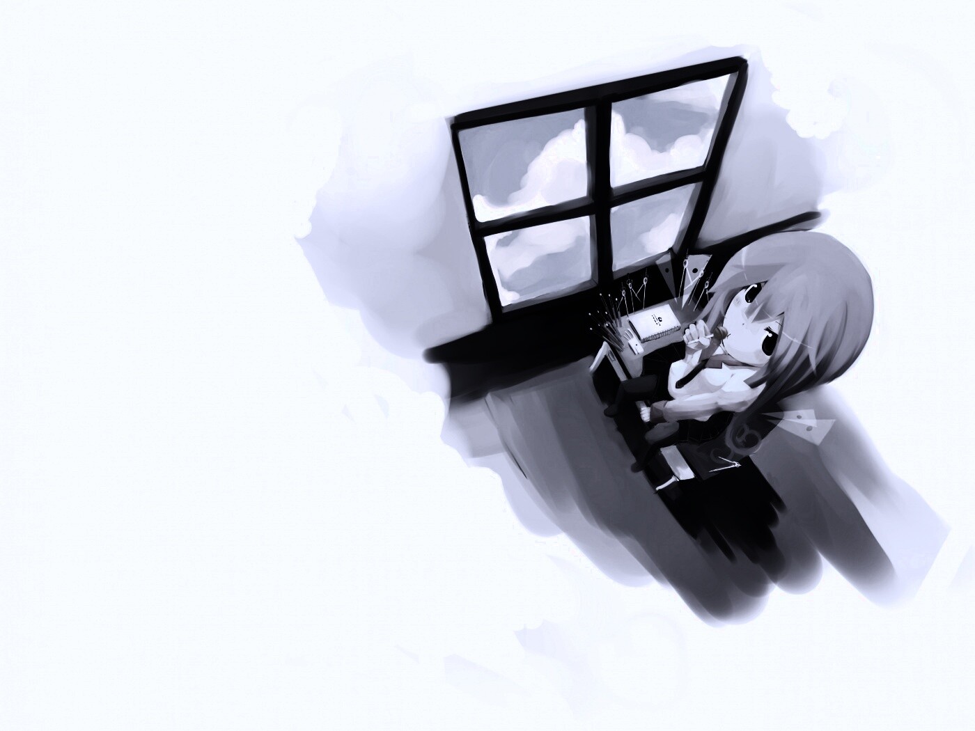 Школница с конфетой у окна обои