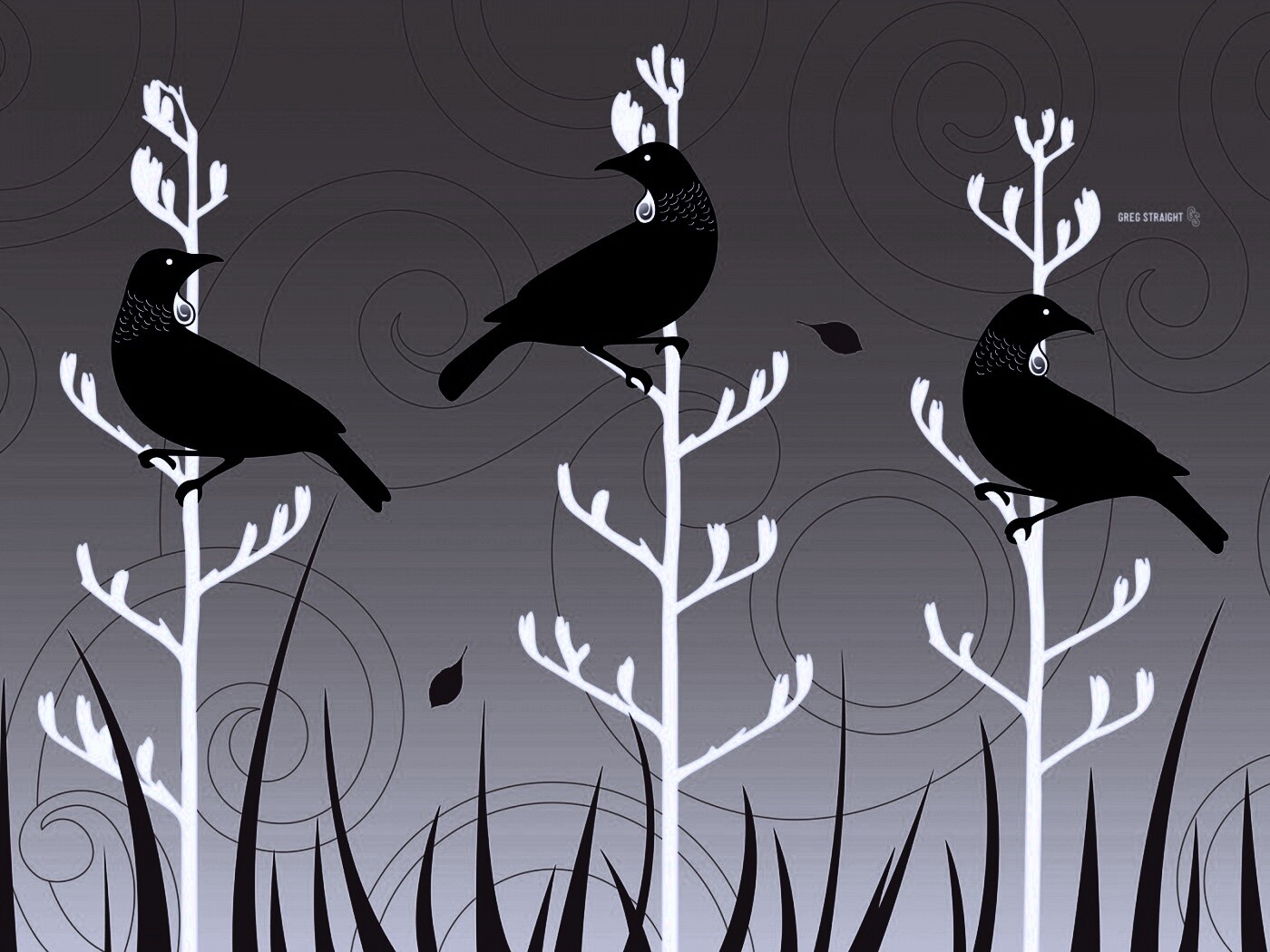 Векторные стилизованные птицы на ветках дерева обои