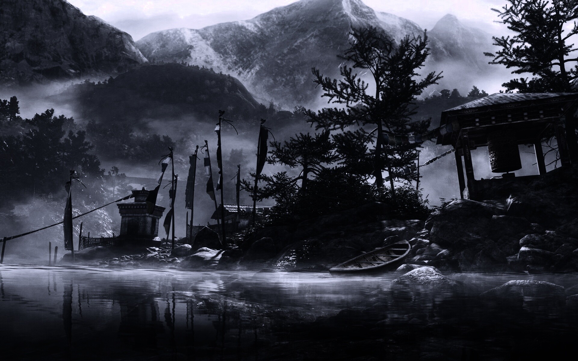 Каменистый берег в тумане обои