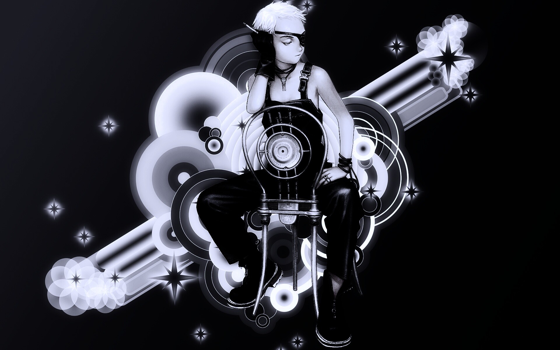 Одноглазый парень на стуле обои