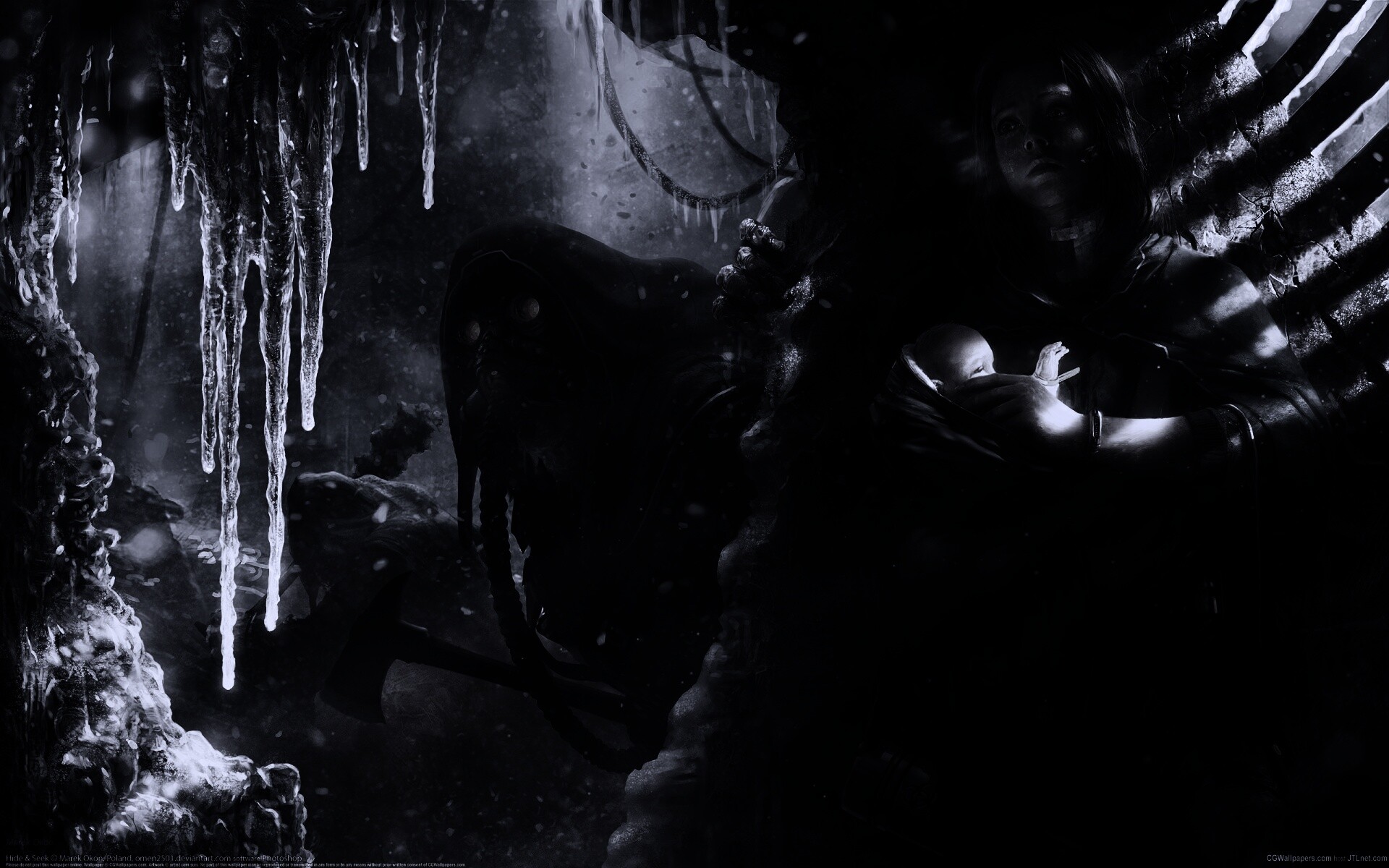 Девушка с ребенком прячется от монстра обои