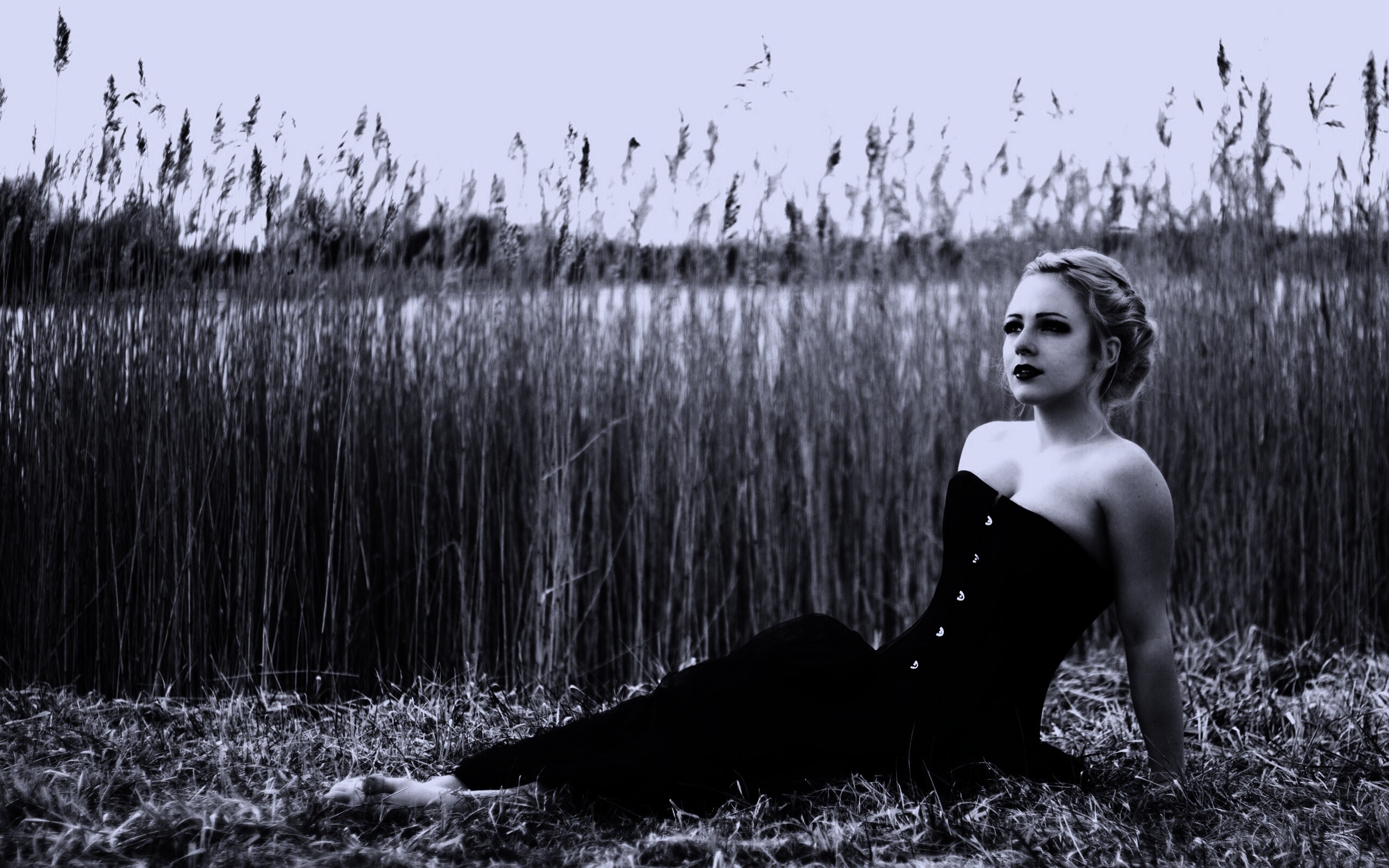 Девушка на траве в черном корсете обои