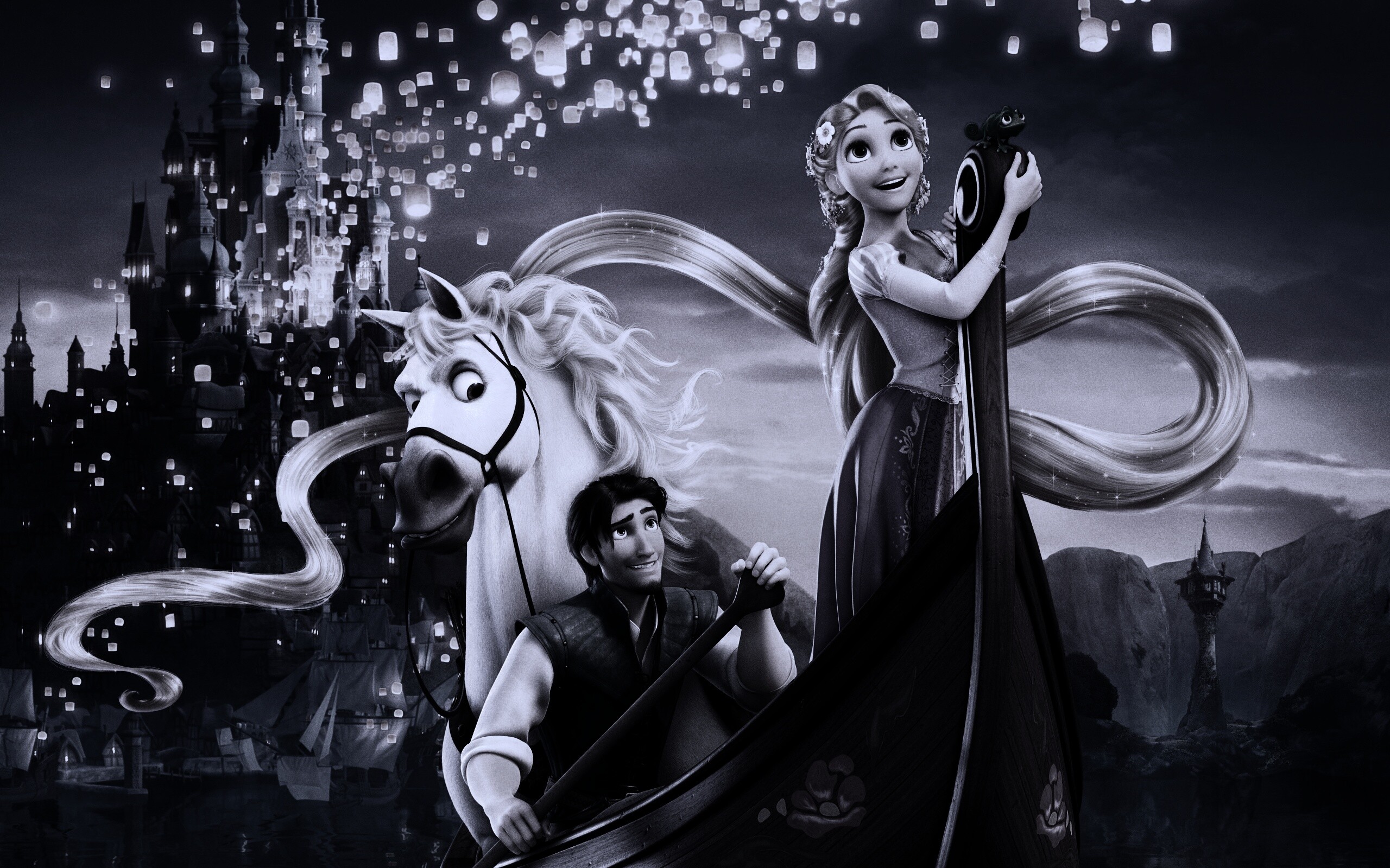 Рапунцель принц и конь в лодке обои