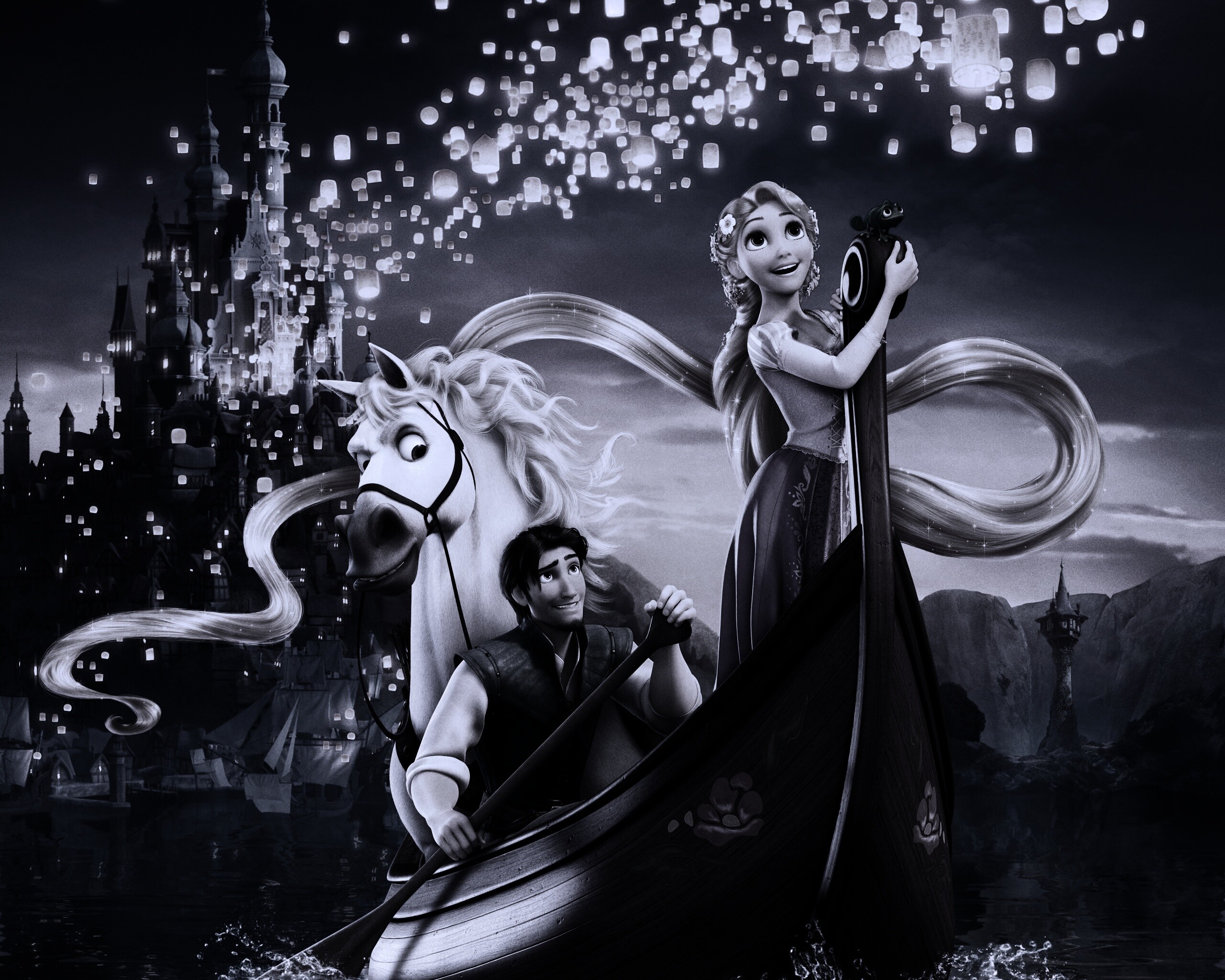 Рапунцель принц и конь в лодке обои