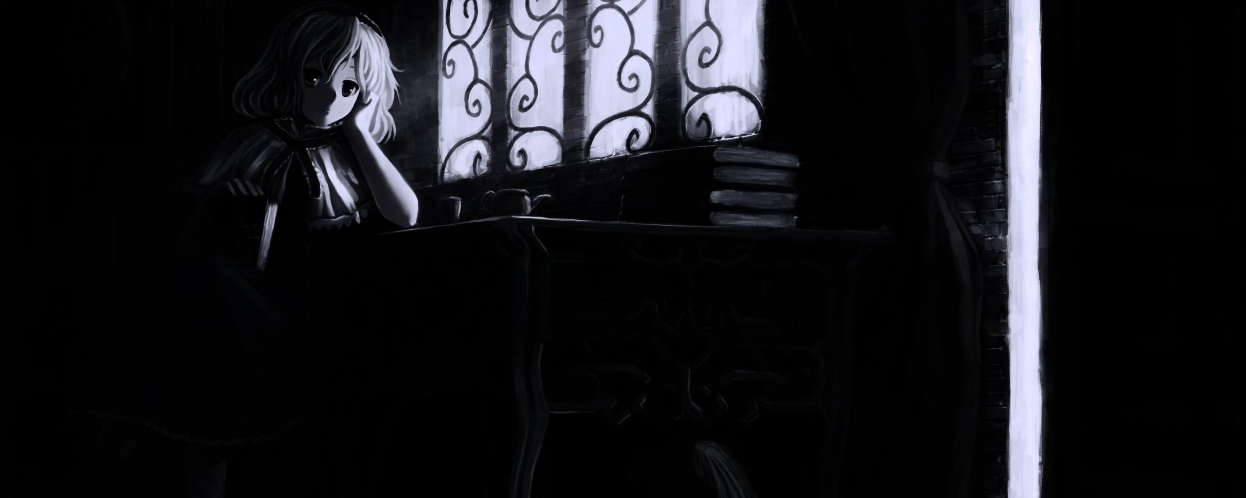 Девочка за столом с книгами обои