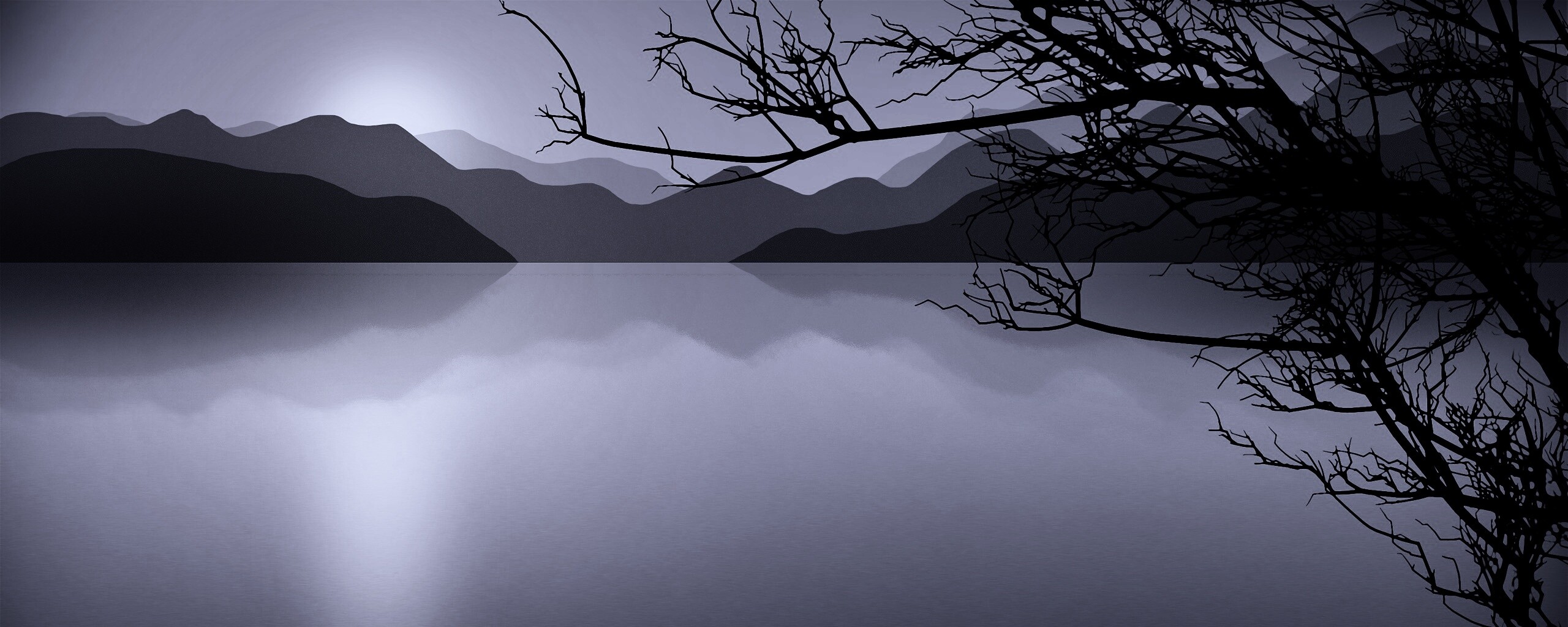 Ветка над вечерним озером обои