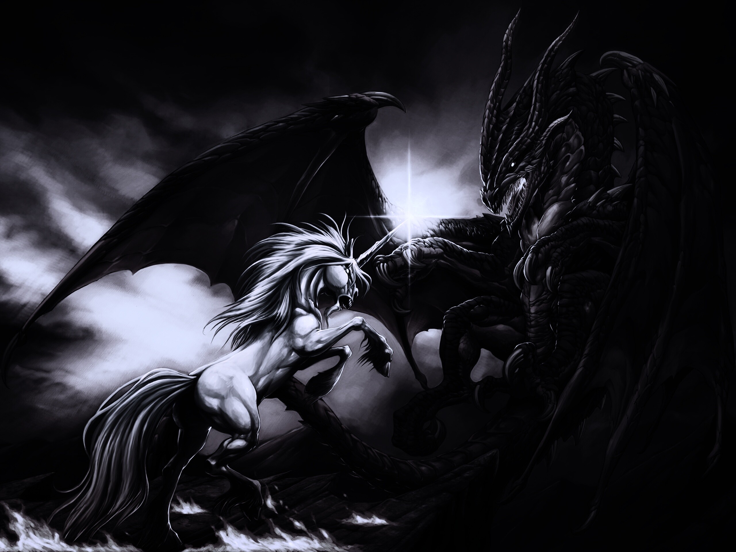 Дракон и единорог обои