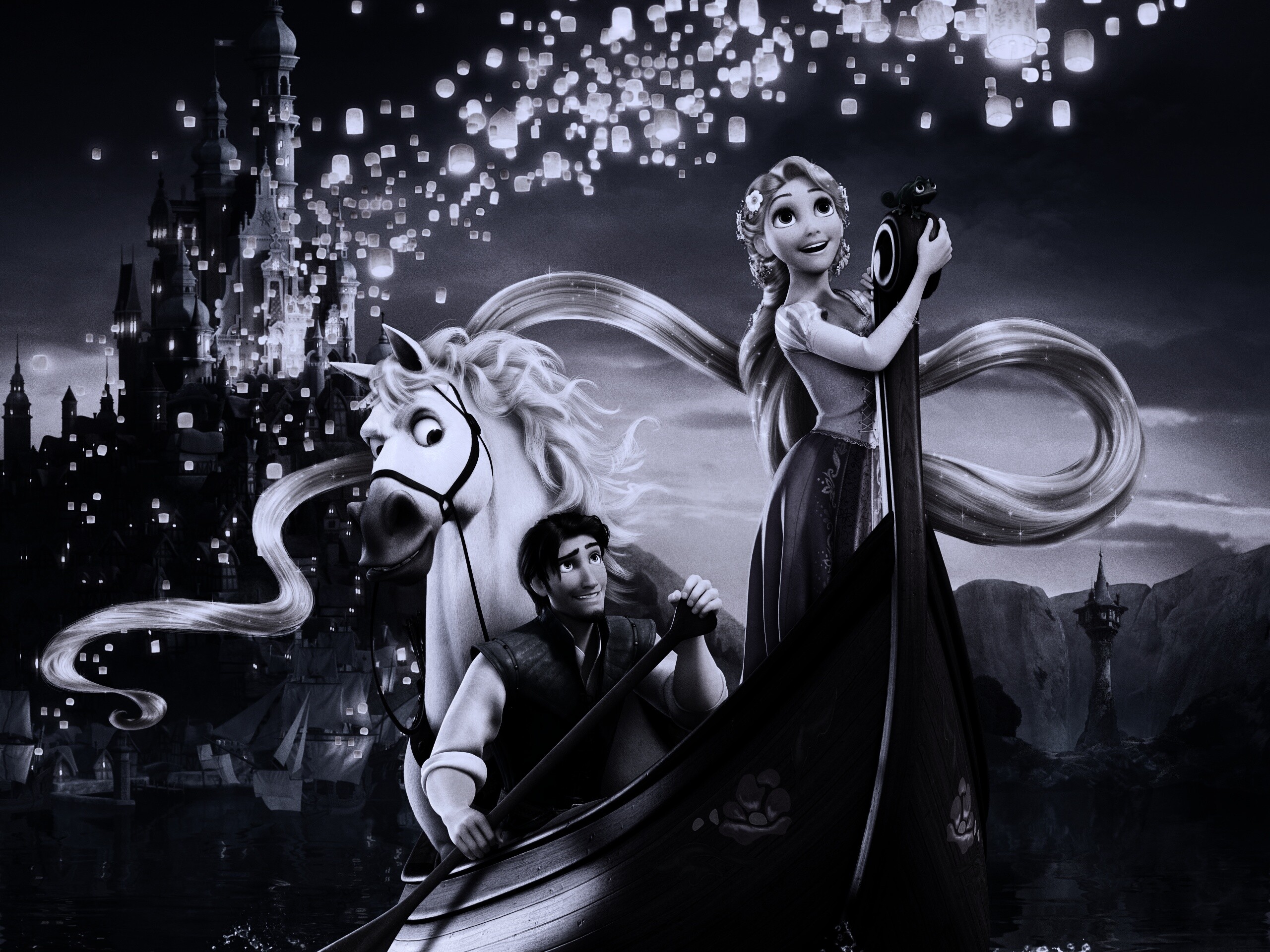 Рапунцель принц и конь в лодке обои