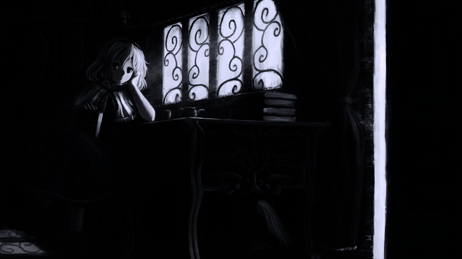 Девочка за столом с книгами обои