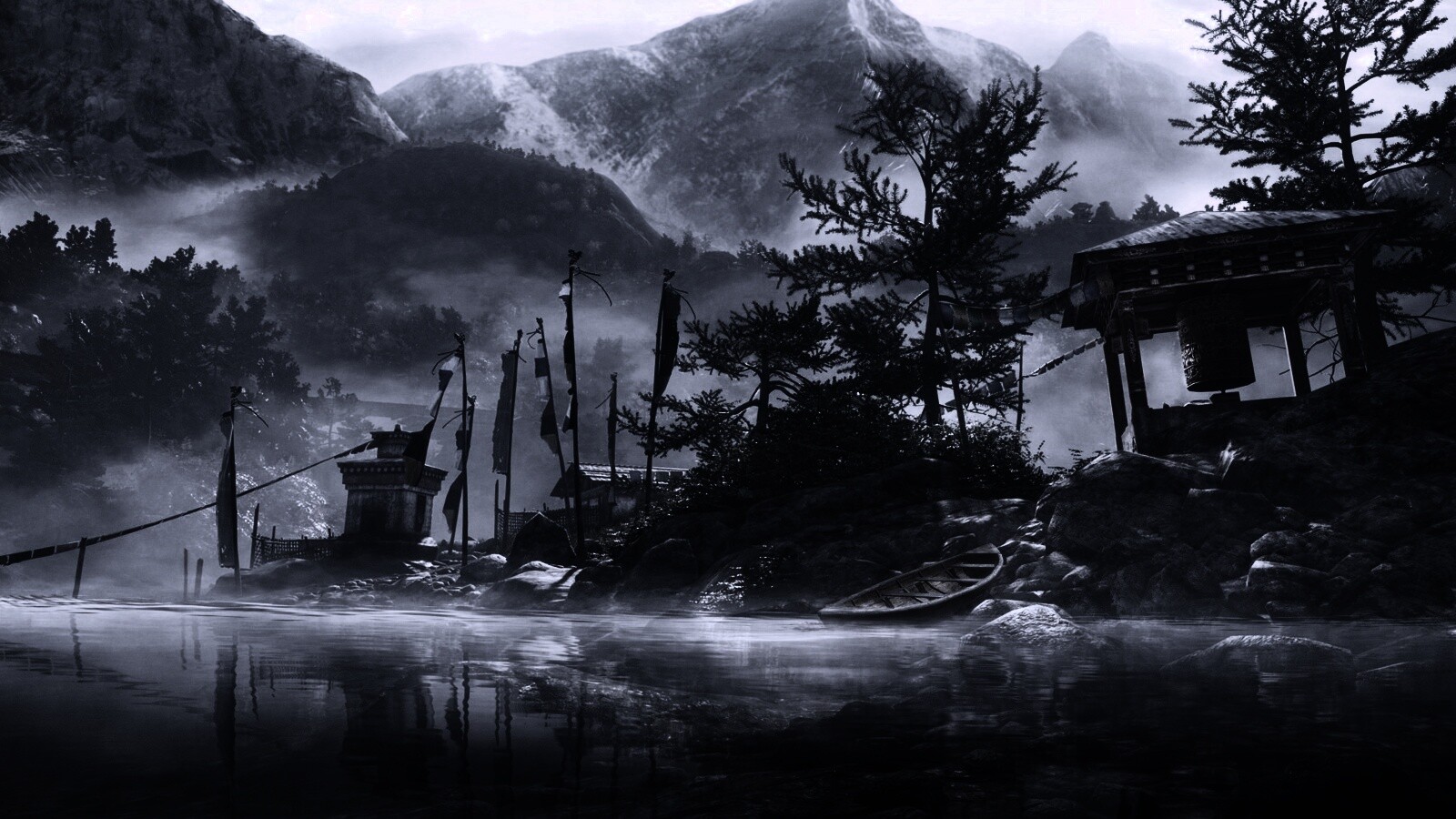 Каменистый берег в тумане обои