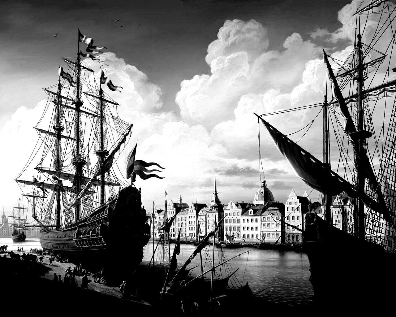 Парусник на набережной обои