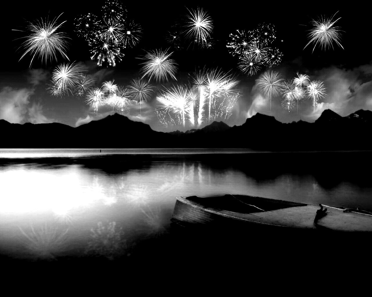 Фейрверк над озером обои