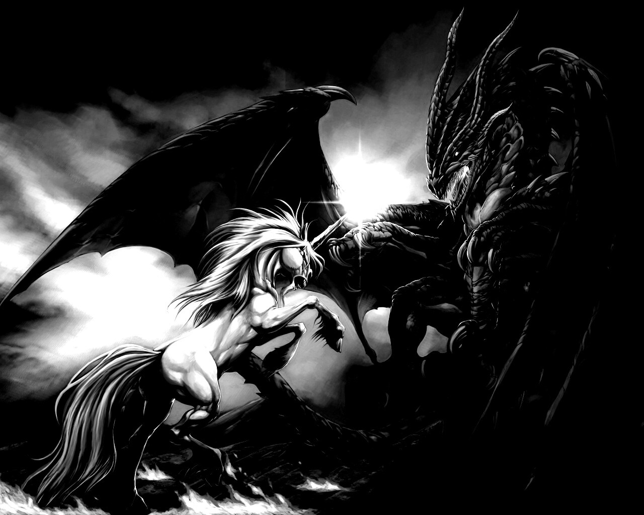 Дракон и единорог обои