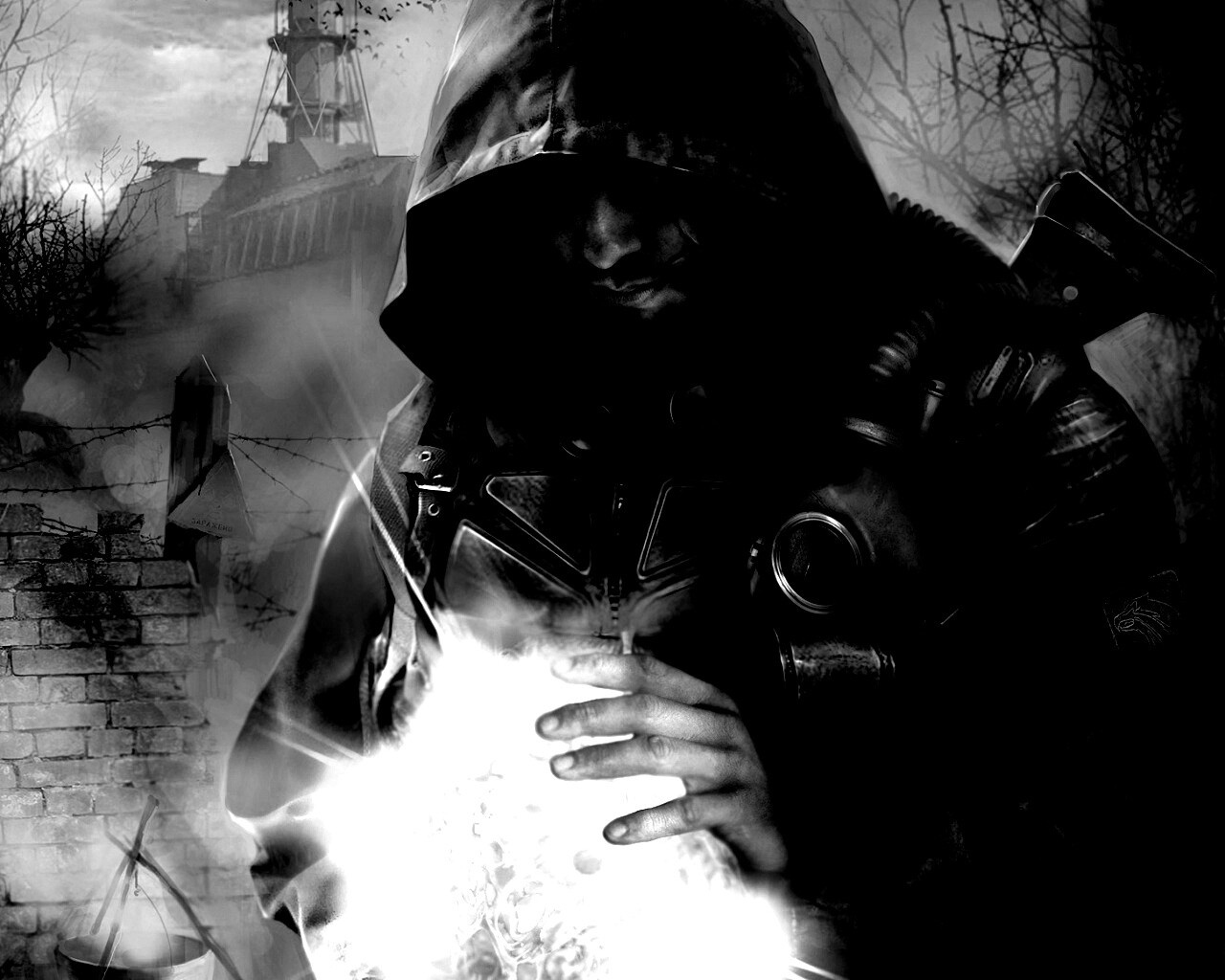 Сталкер с энергетическим артефактом в руках обои