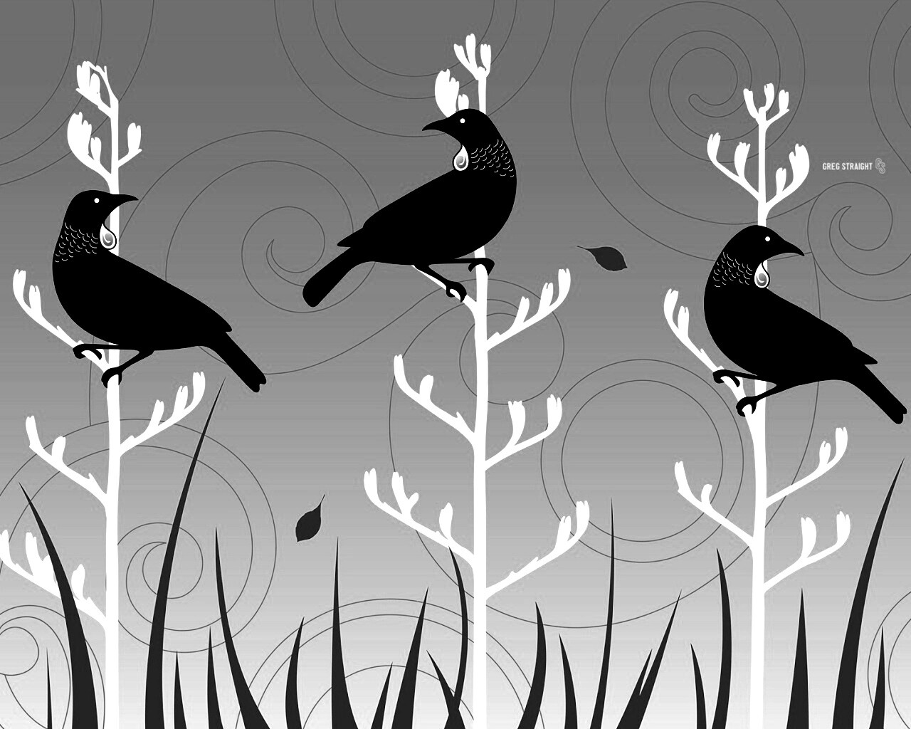 Векторные стилизованные птицы на ветках дерева обои