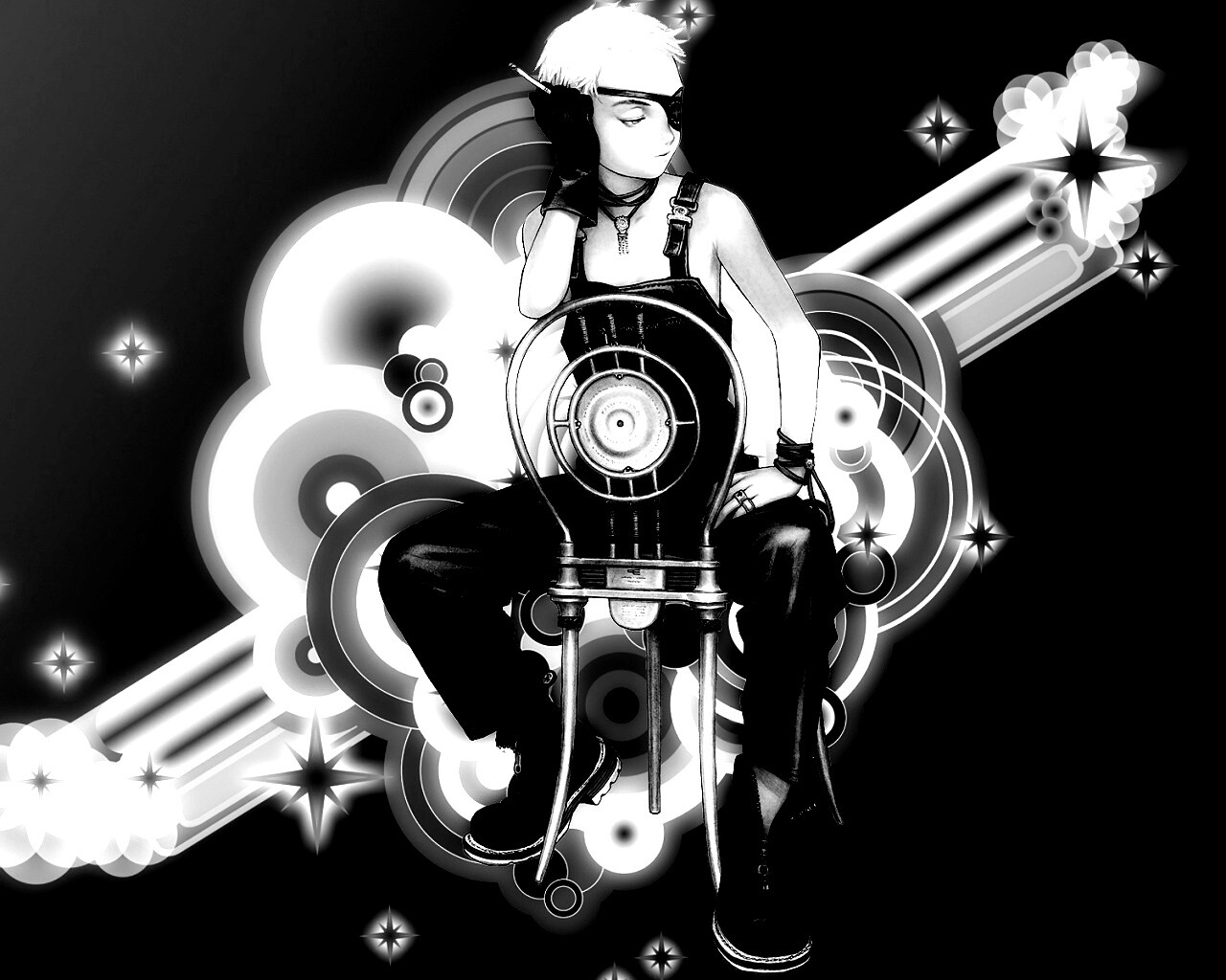 Одноглазый парень на стуле обои