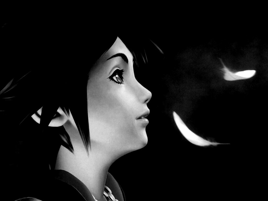 Анимешный парень и белые перья обои