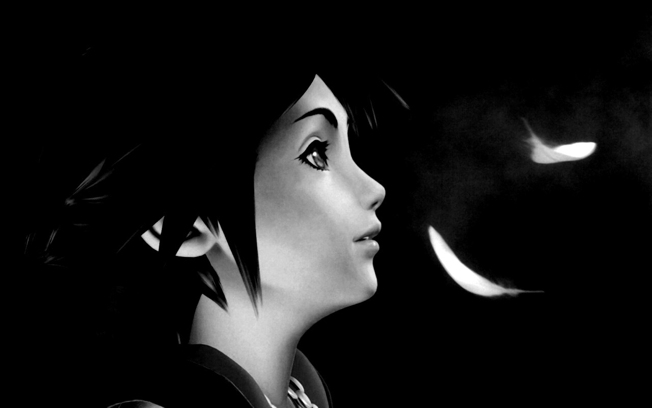 Анимешный парень и белые перья обои