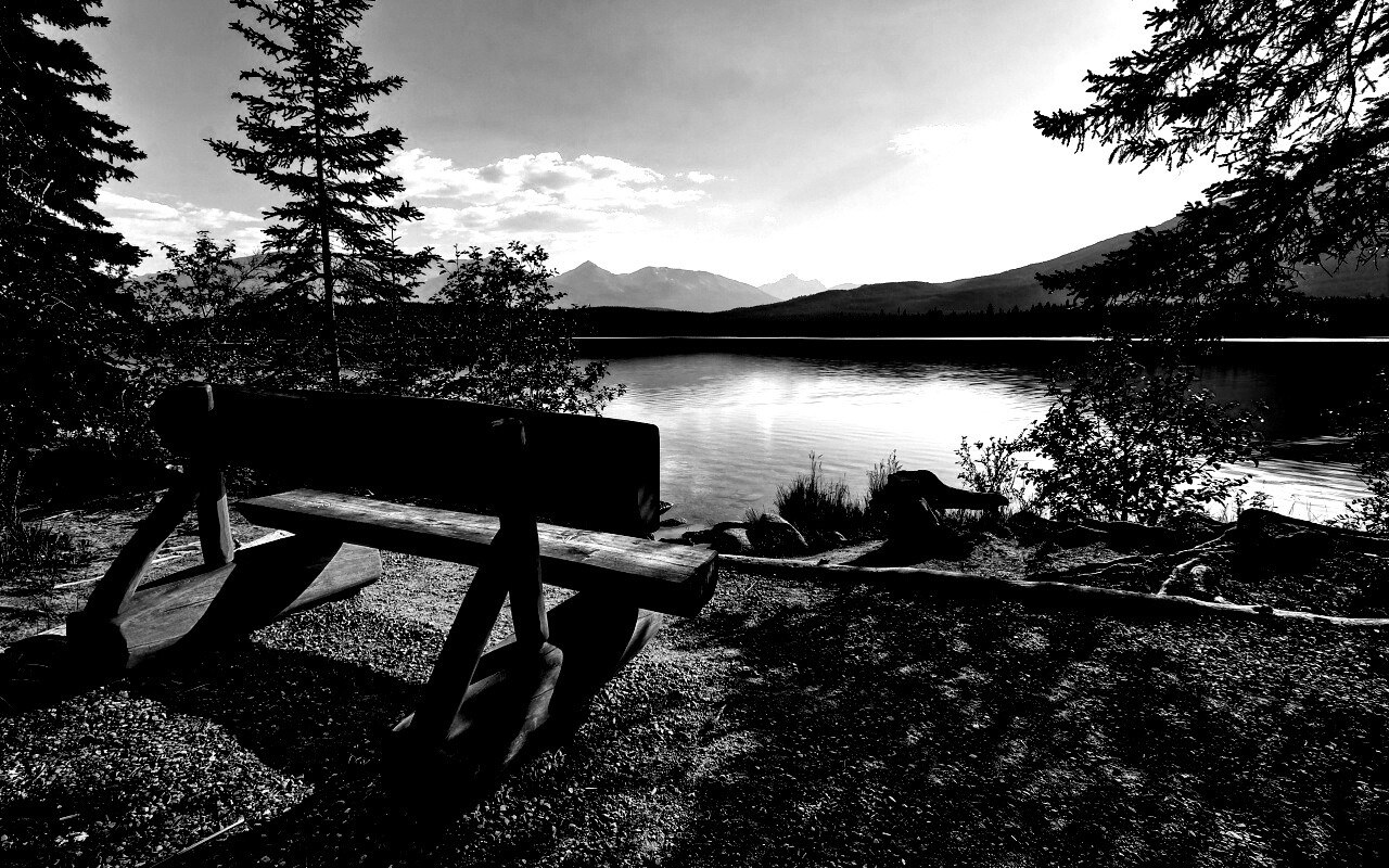 Деревянная скамья на берегу озера обои