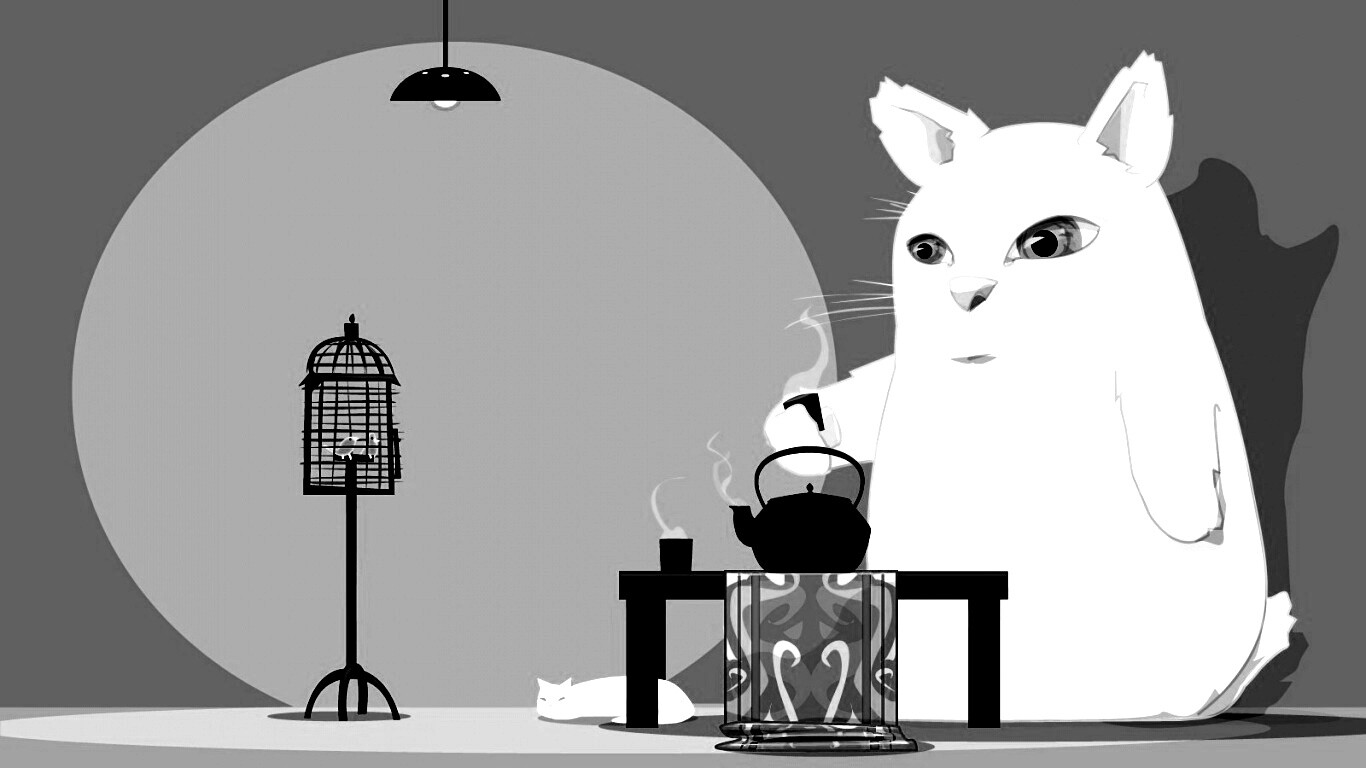 Кот пьет чай обои