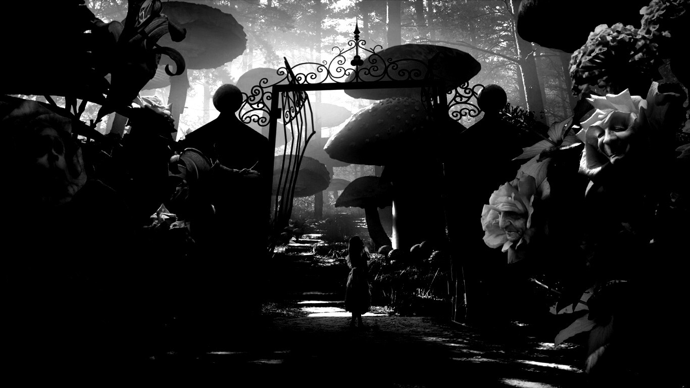 Алиса в стране чудес среди живых цветов обои