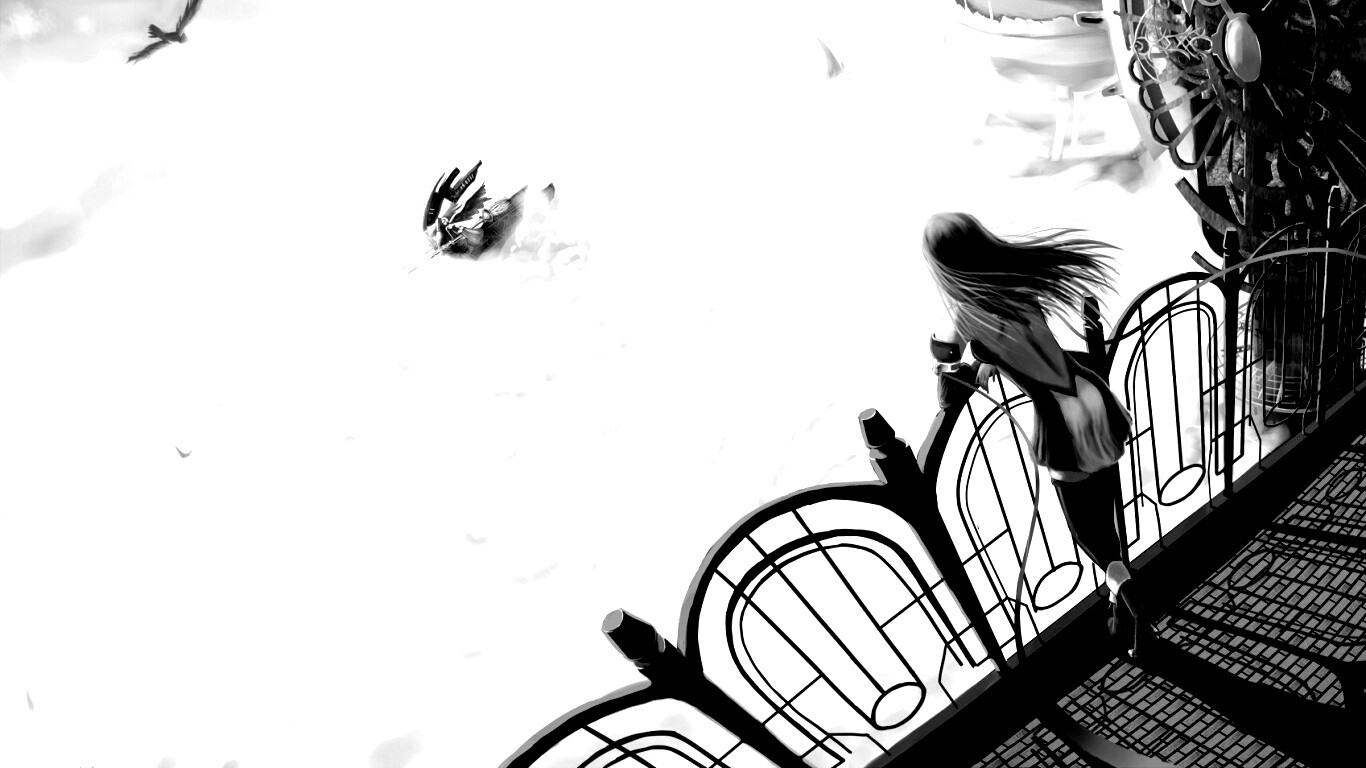 Девушка в городе над облаками обои