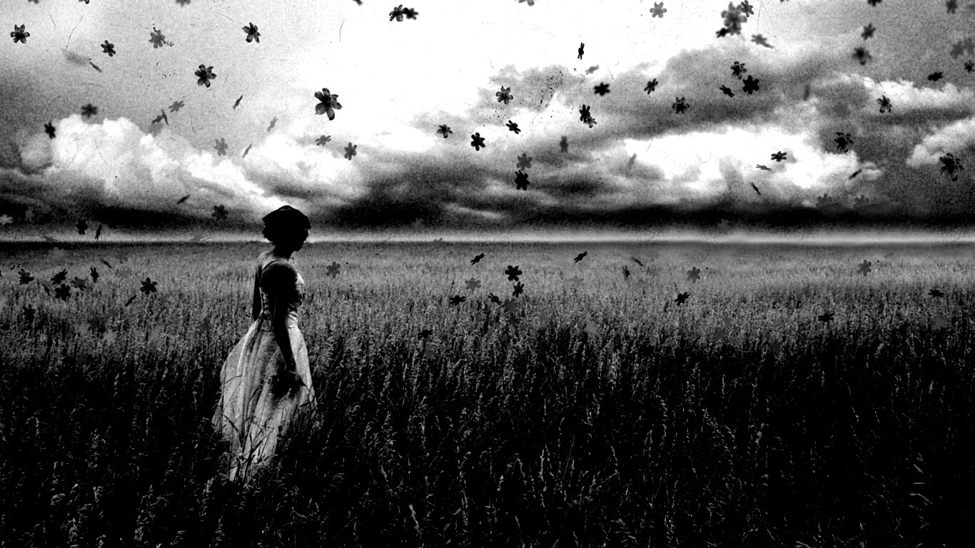 Грустная девушка в поле травы обои